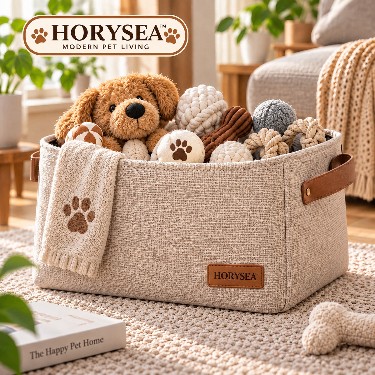 𝐇𝐎𝐑𝐘𝐒𝐄𝐀™ Atelier Pet Toy Storage Basket – Modern Fabric Organizer Bin with Handles for Dog & Cat Accessories