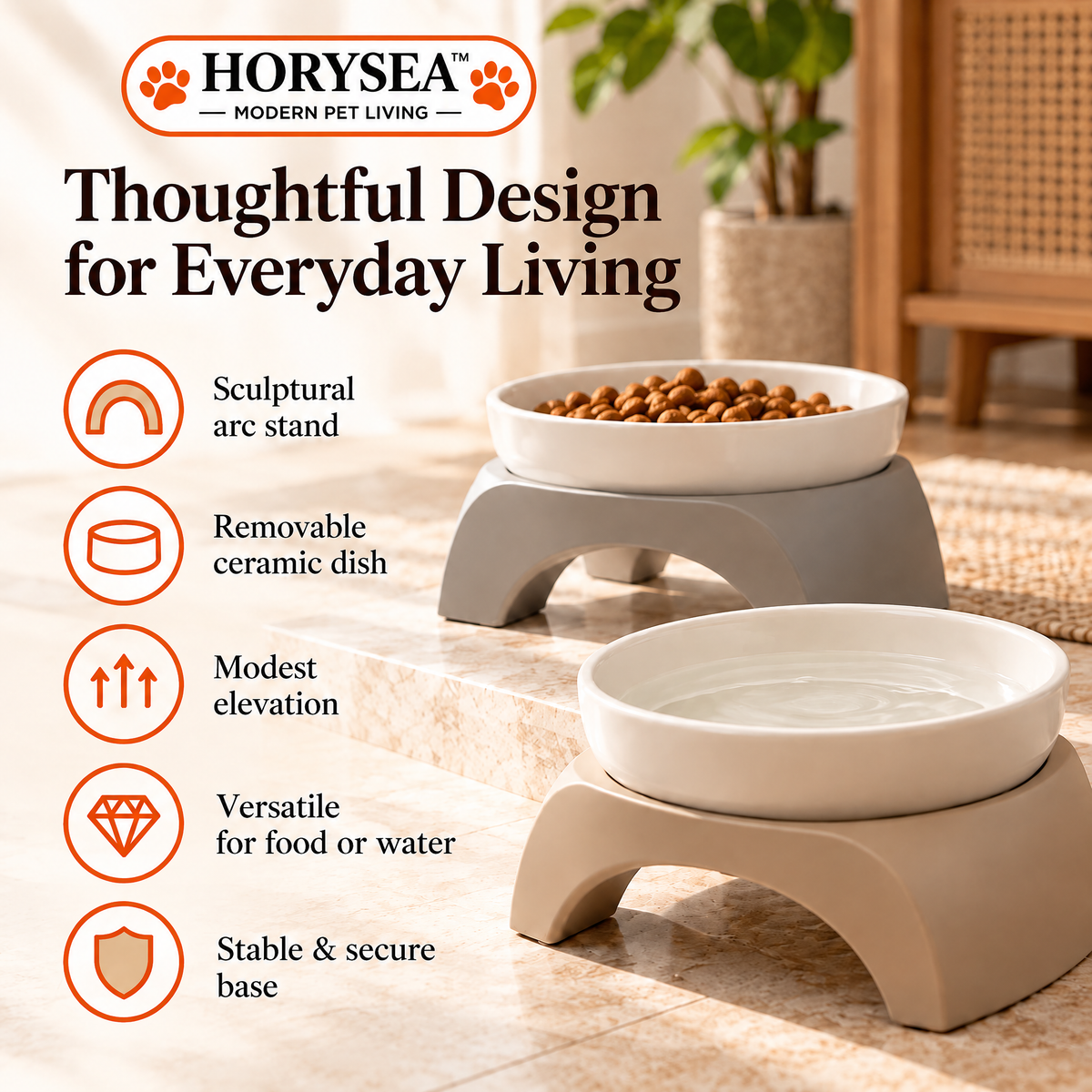 𝐇𝐎𝐑𝐘𝐒𝐄𝐀™ Arc Ceramic Elevated Pet Bowl – Modern Raised Food & Water Dish with Removable Stand for Cats & Small Dogs