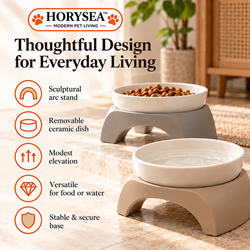 𝐇𝐎𝐑𝐘𝐒𝐄𝐀™ Arc Ceramic Elevated Pet Bowl – Modern Raised Food & Water Dish with Removable Stand for Cats & Small Dogs
