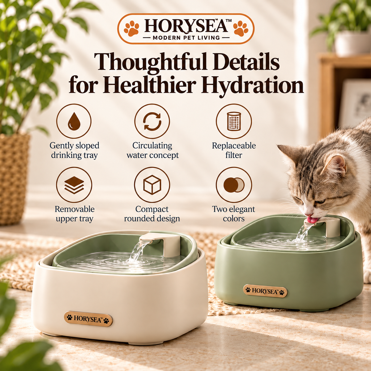 𝐇𝐎𝐑𝐘𝐒𝐄𝐀™ Flow Cat Water Fountain, Modern Indoor Cat Drinking Fountain with Removable Water Tray, Replaceable Filter and Quiet-Flow Design