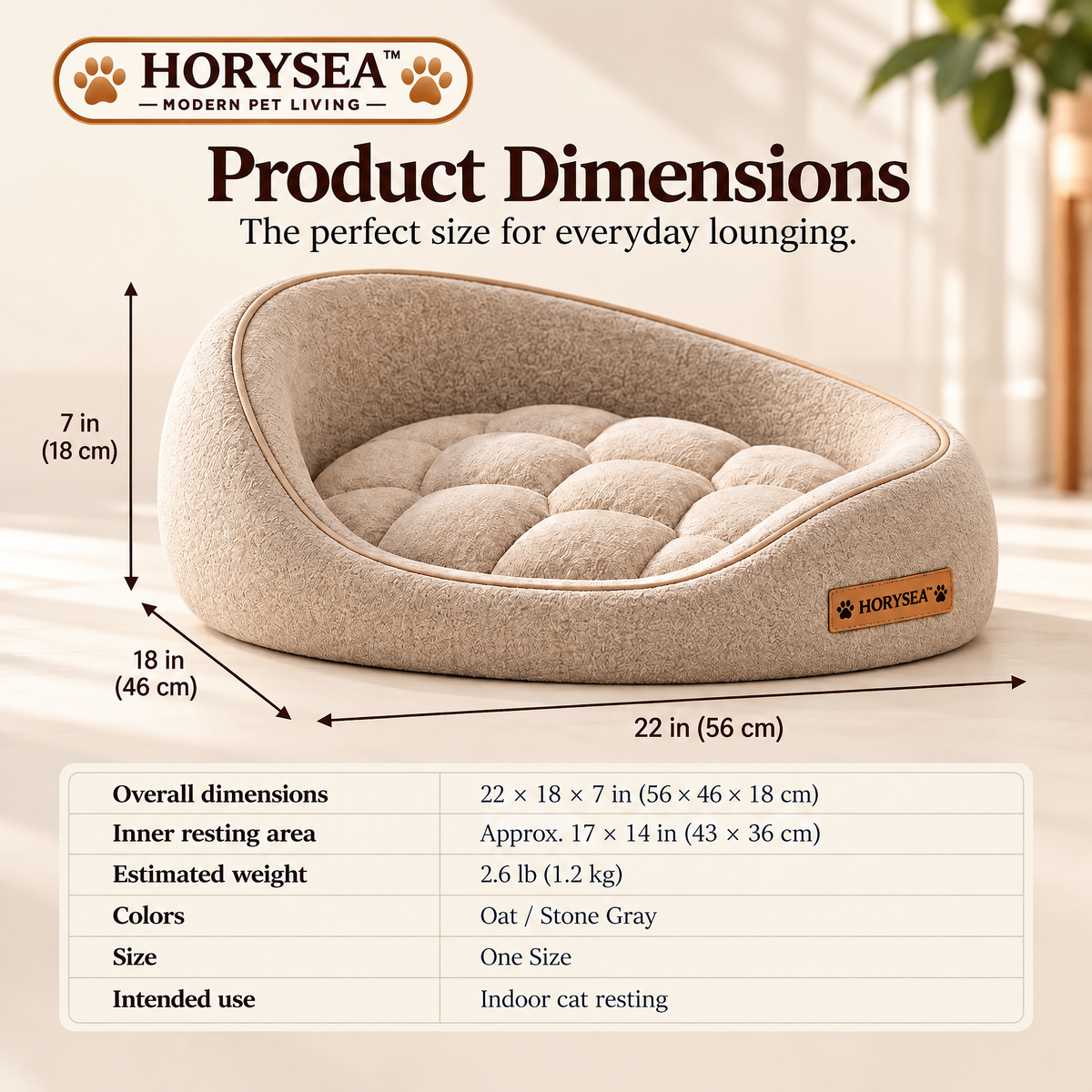 𝐇𝐎𝐑𝐘𝐒𝐄𝐀™ Solace Crescent Cat Bed, Modern Bolster Cat Lounger with Removable Quilted Cushion, Soft Indoor Sleeping Bed for Cats