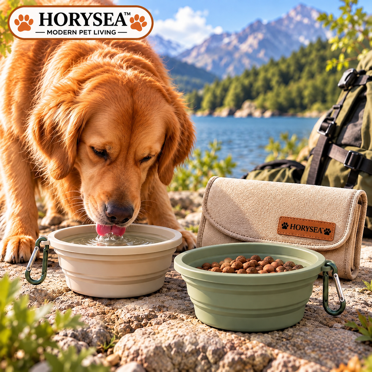 𝐇𝐎𝐑𝐘𝐒𝐄𝐀™ Foldaway Collapsible Dog Travel Bowl Set – Portable Silicone Food & Water Bowls with Carry Sleeve