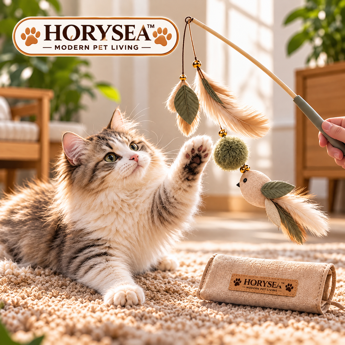 𝐇𝐎𝐑𝐘𝐒𝐄𝐀™ Drift Cat Teaser Wand Toy Set, Interactive Indoor Cat Play Wand with Interchangeable Fabric Attachments and Storage Pouch