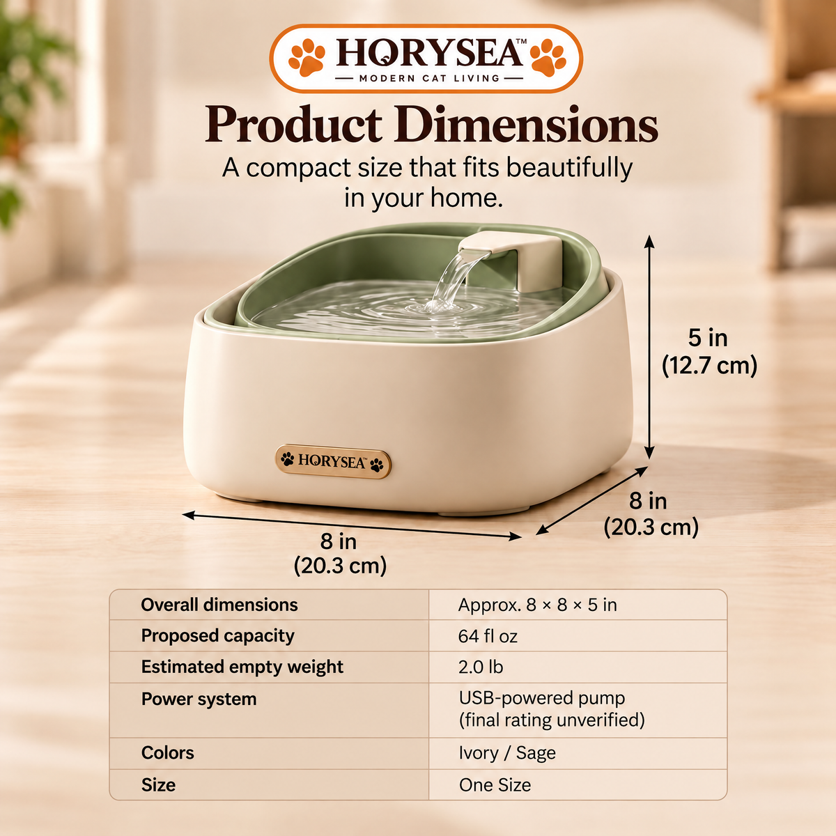 𝐇𝐎𝐑𝐘𝐒𝐄𝐀™ Flow Cat Water Fountain, Modern Indoor Cat Drinking Fountain with Removable Water Tray, Replaceable Filter and Quiet-Flow Design