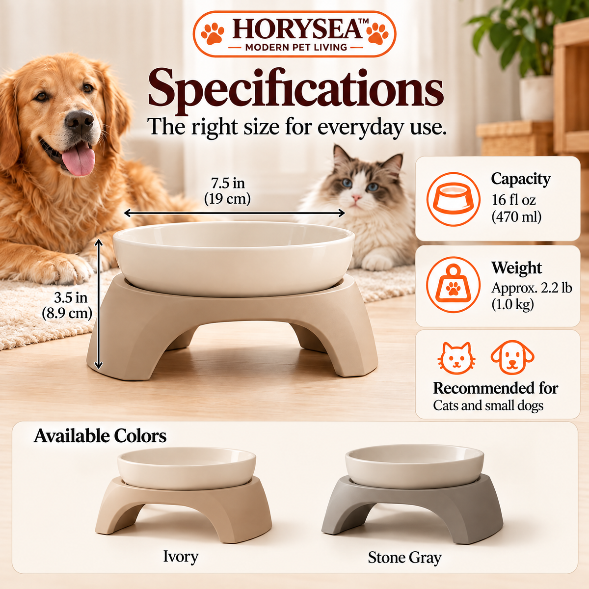 𝐇𝐎𝐑𝐘𝐒𝐄𝐀™ Arc Ceramic Elevated Pet Bowl – Modern Raised Food & Water Dish with Removable Stand for Cats & Small Dogs