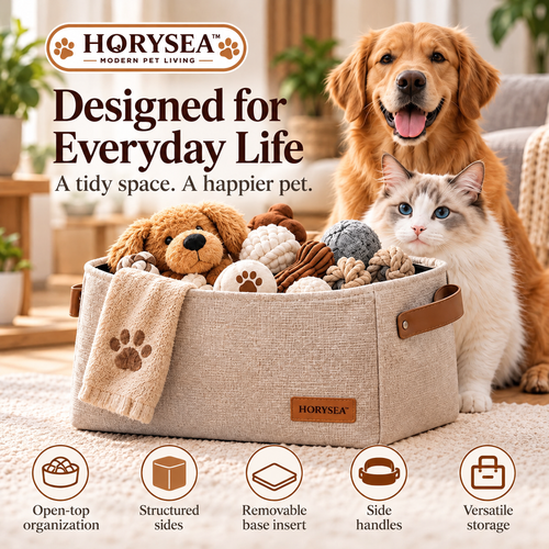 𝐇𝐎𝐑𝐘𝐒𝐄𝐀™ Atelier Pet Toy Storage Basket – Modern Fabric Organizer Bin with Handles for Dog & Cat Accessories