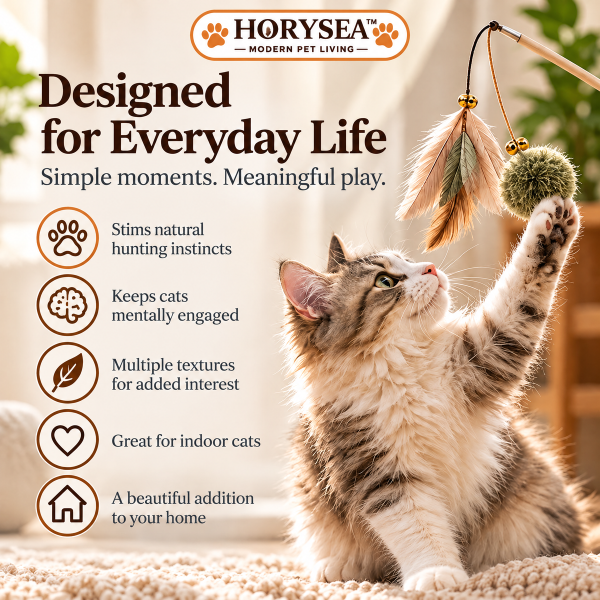 𝐇𝐎𝐑𝐘𝐒𝐄𝐀™ Drift Cat Teaser Wand Toy Set, Interactive Indoor Cat Play Wand with Interchangeable Fabric Attachments and Storage Pouch