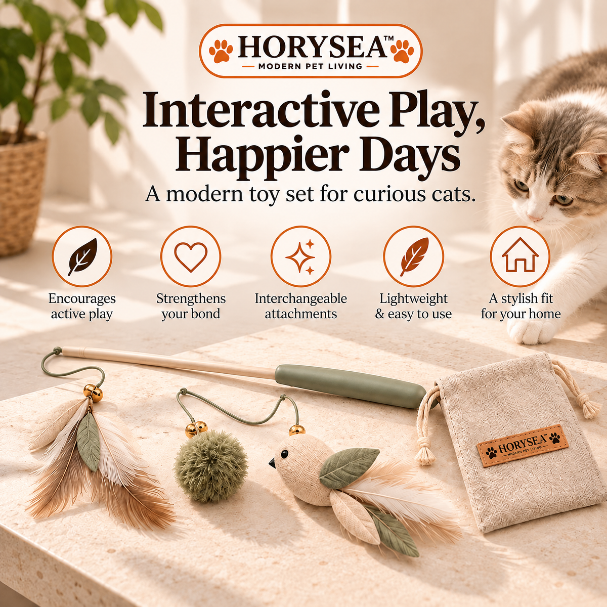 𝐇𝐎𝐑𝐘𝐒𝐄𝐀™ Drift Cat Teaser Wand Toy Set, Interactive Indoor Cat Play Wand with Interchangeable Fabric Attachments and Storage Pouch