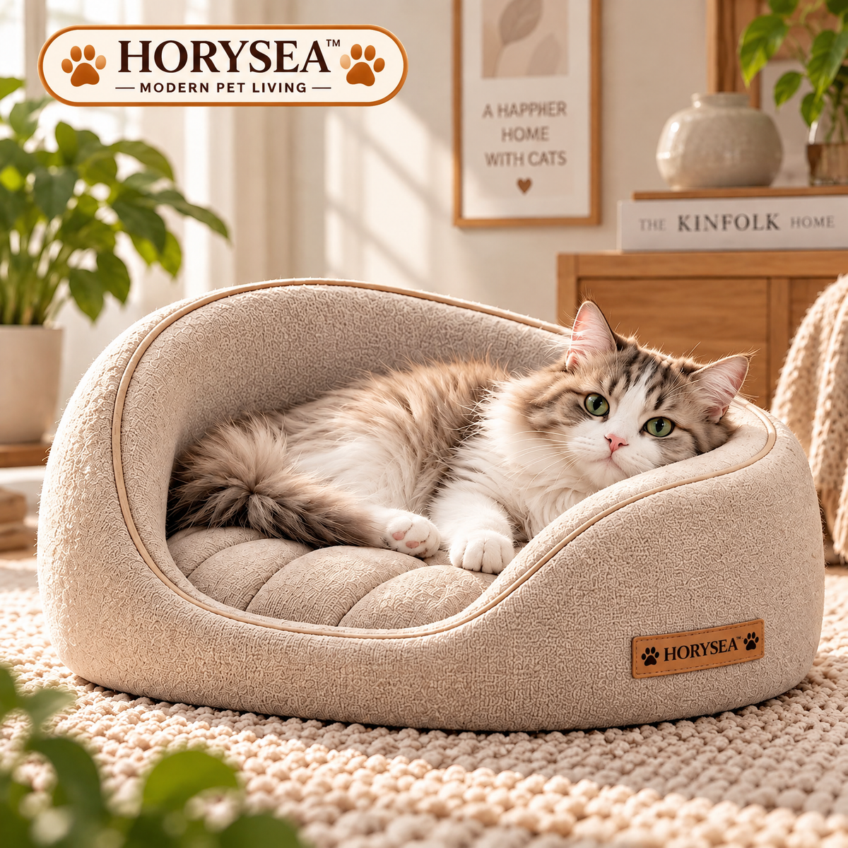 𝐇𝐎𝐑𝐘𝐒𝐄𝐀™ Solace Crescent Cat Bed, Modern Bolster Cat Lounger with Removable Quilted Cushion, Soft Indoor Sleeping Bed for Cats