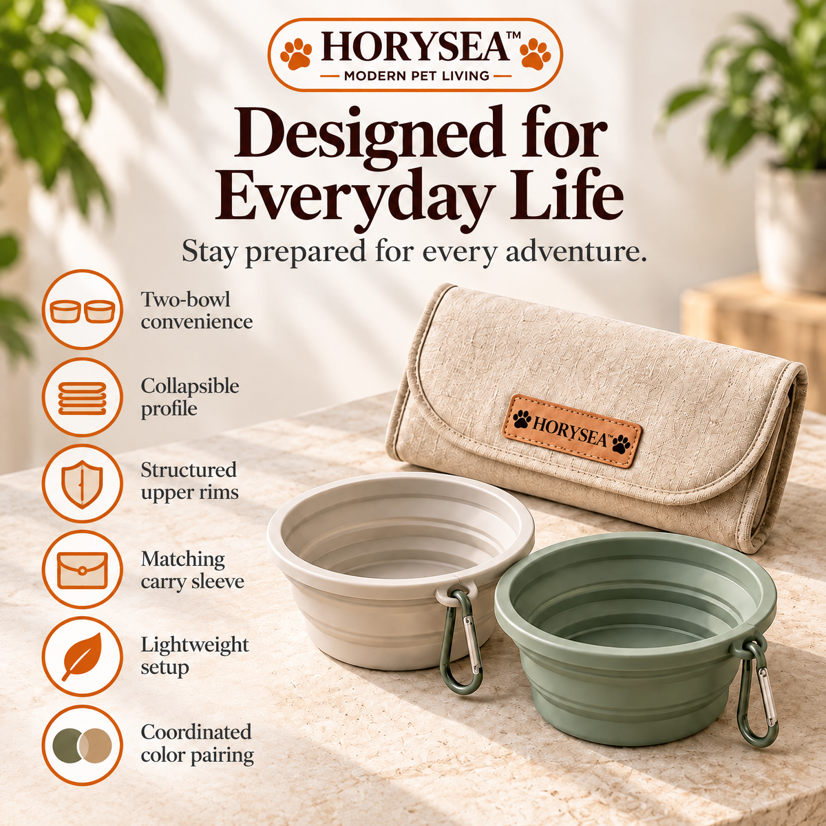 𝐇𝐎𝐑𝐘𝐒𝐄𝐀™ Foldaway Collapsible Dog Travel Bowl Set – Portable Silicone Food & Water Bowls with Carry Sleeve