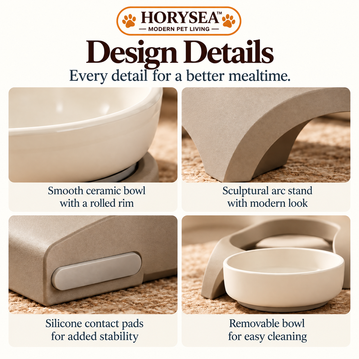 𝐇𝐎𝐑𝐘𝐒𝐄𝐀™ Arc Ceramic Elevated Pet Bowl – Modern Raised Food & Water Dish with Removable Stand for Cats & Small Dogs