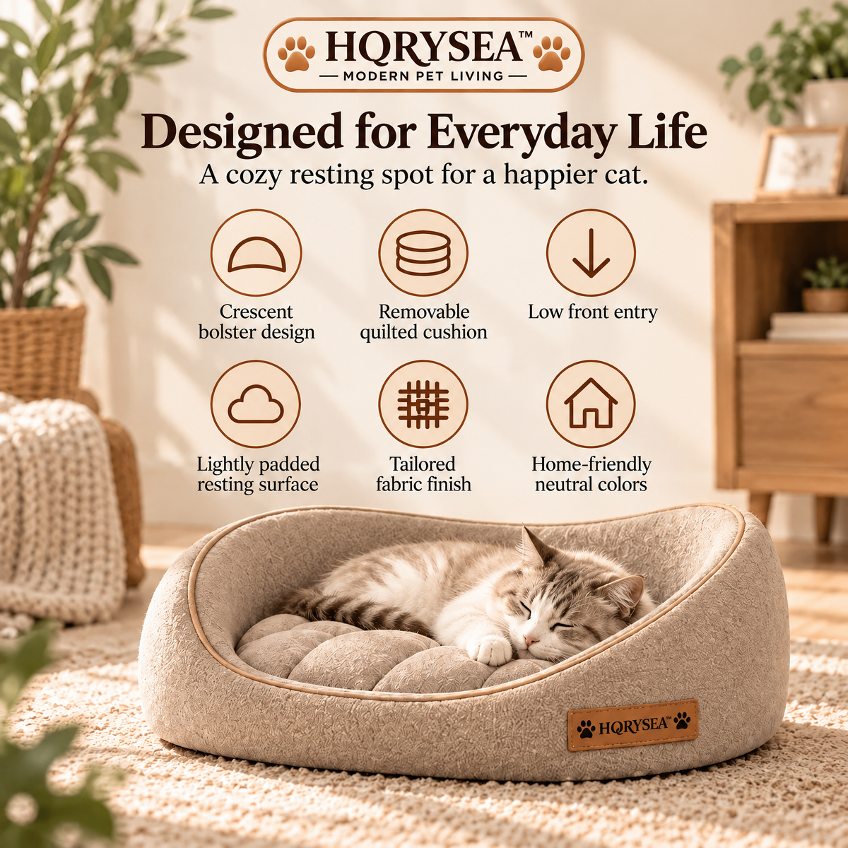 𝐇𝐎𝐑𝐘𝐒𝐄𝐀™ Solace Crescent Cat Bed, Modern Bolster Cat Lounger with Removable Quilted Cushion, Soft Indoor Sleeping Bed for Cats