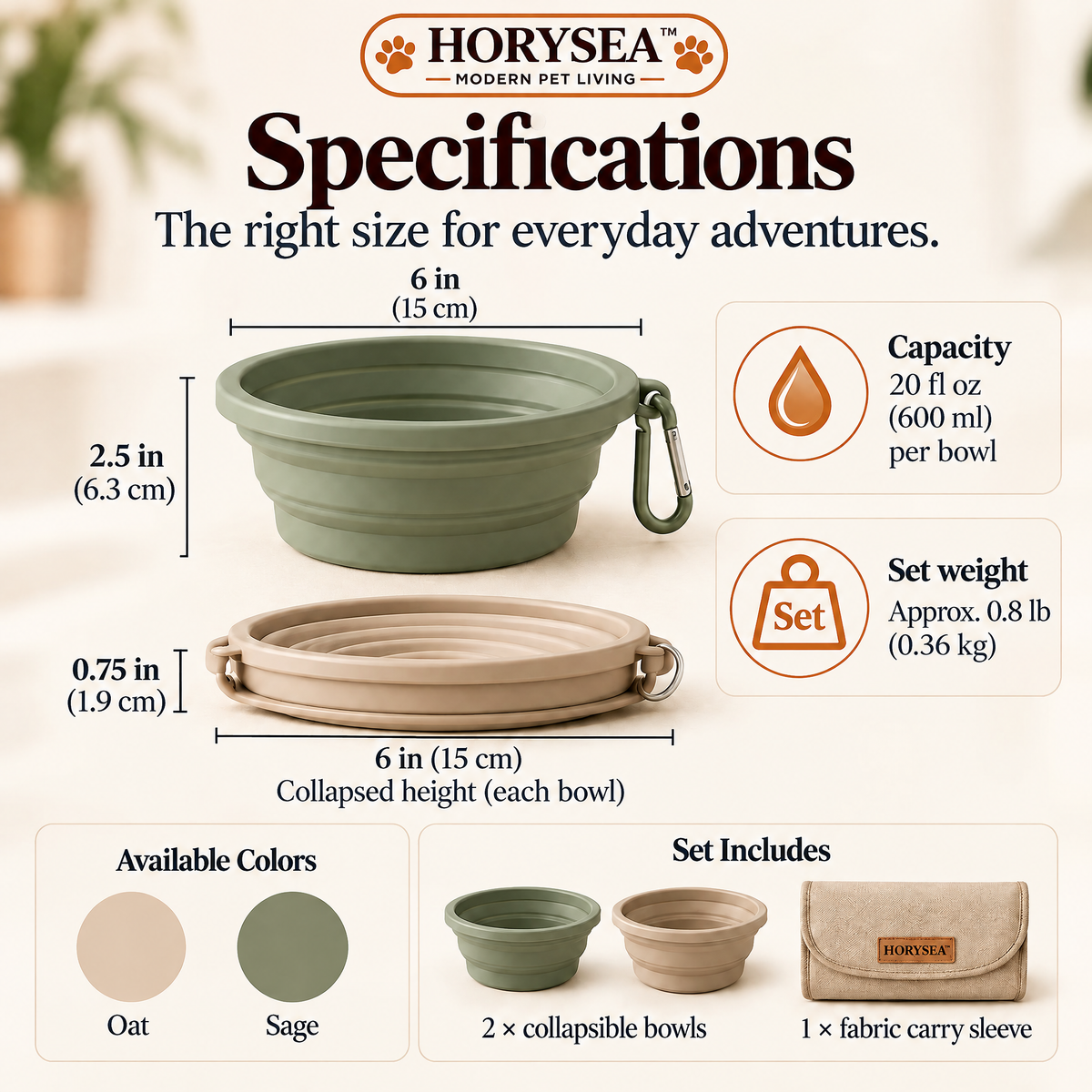 𝐇𝐎𝐑𝐘𝐒𝐄𝐀™ Foldaway Collapsible Dog Travel Bowl Set – Portable Silicone Food & Water Bowls with Carry Sleeve