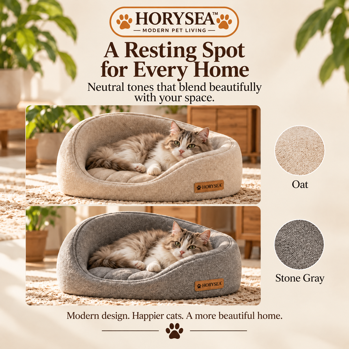 𝐇𝐎𝐑𝐘𝐒𝐄𝐀™ Solace Crescent Cat Bed, Modern Bolster Cat Lounger with Removable Quilted Cushion, Soft Indoor Sleeping Bed for Cats